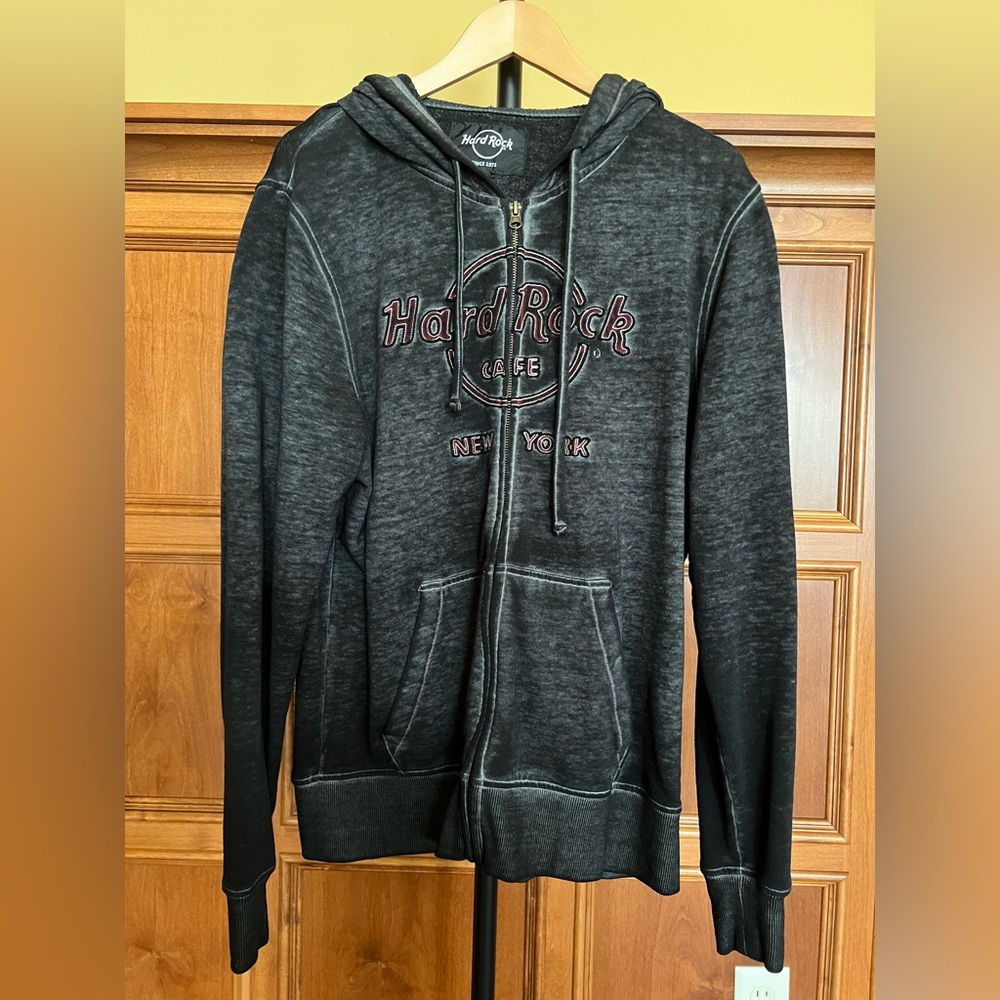 Hard Rock Cafe Hoodie Men’s Double Burnout Zip-up Sweater Charcoal Grey Size L